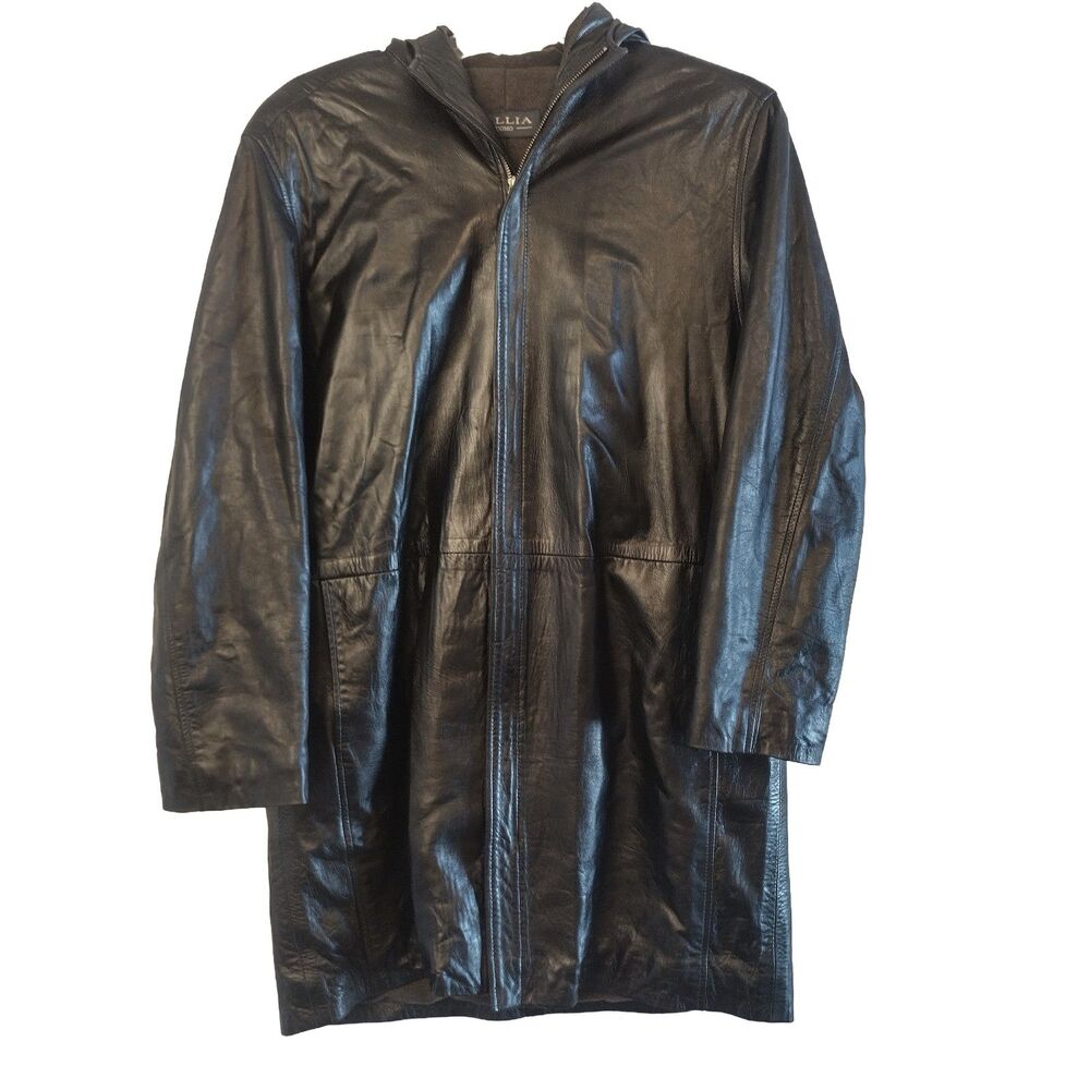 Tallia Uomo Men's Lambskin Black Leather Hooded Trench Coat M Biker Matrix Goth